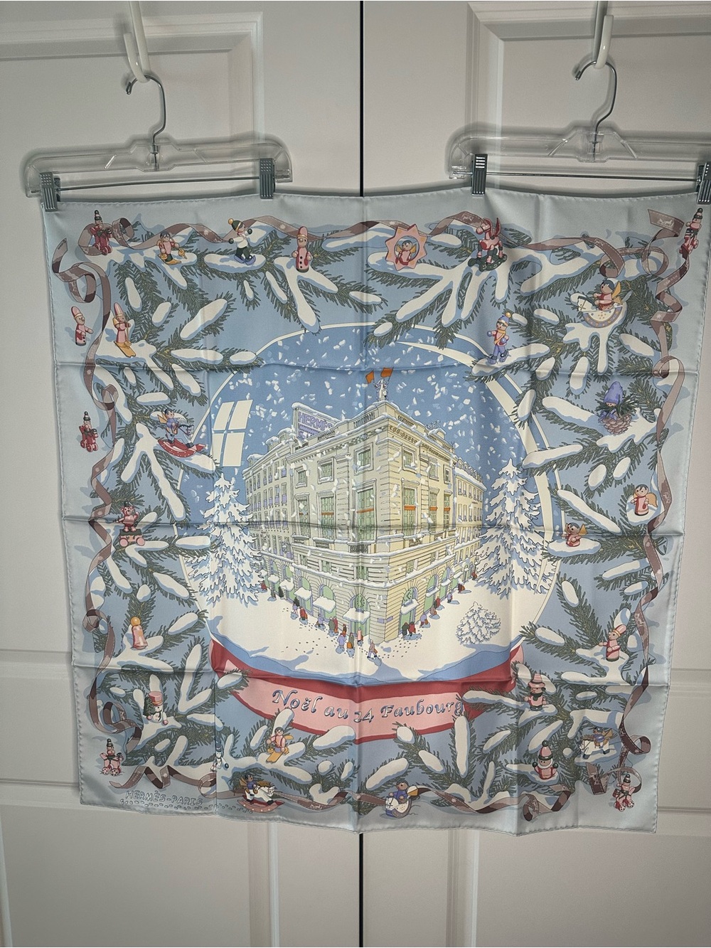 NEW! Hermes “Noel au 24 Faubourg” Silk Scarf - Light Blue and Pink